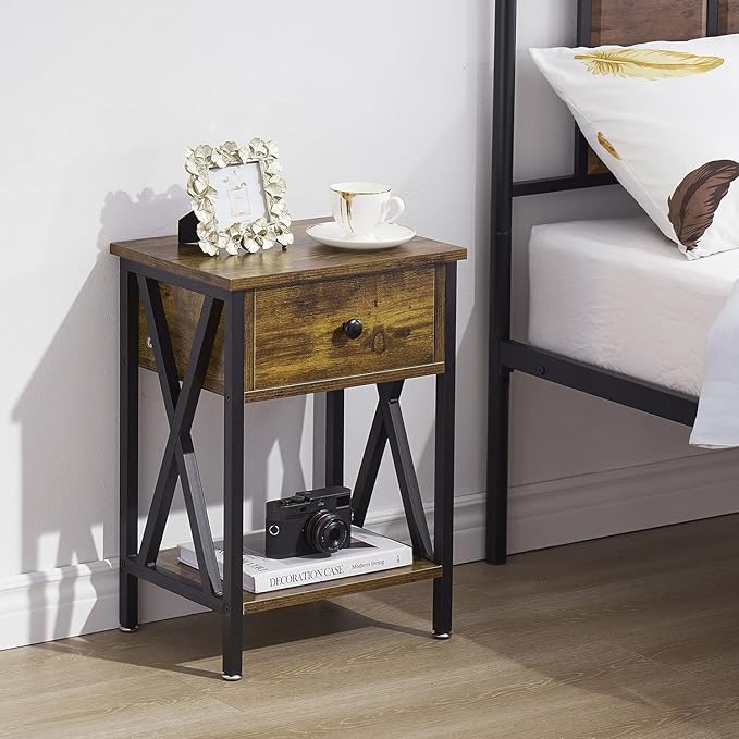 VECELO End Tables, Modern Nightstand with Drawer & Shelf, Night Stand for Bedroom Living Room,Industrial Metal Frame