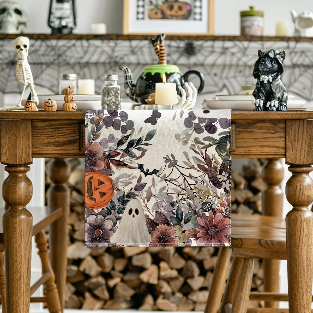 Artoid Mode Jack-O'-Lantern Pumpkin Floral Ghost Halloween Table Runner, Eucalyptus Kitchen Dining Table Decoration for Home Party Decor 13x120 Inch