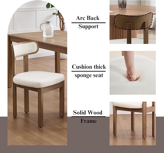 Beige Dining Chairs Set of 6, Mid Century Modern Linen Dining Room Chairs with Curved Back, Armless Kitchen Chairs for Living Room/Restaurant/Balcony/Bedroom/Home Desk/Task