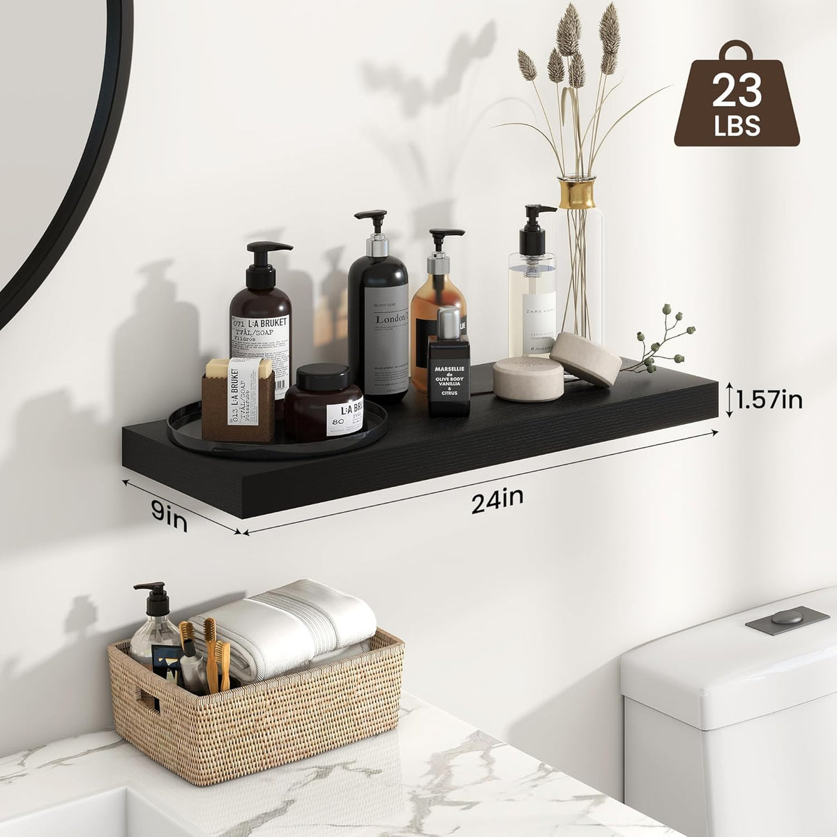 Heimlove 24 inch Floating Shelves for Wall,9.3 inch deep Black Wood Shelves with Invisible Brackets,Wall Mounted Storage & Display Shelves for Bedroom,Living Room,Set of 2