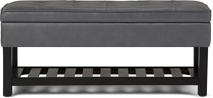 SIMPLIHOME Cosmopolitan Storage Ottoman Bench - 44 inch Wide Upholstered Vegan Leather Rectangle Storage Ottoman in Stone Grey, Transitional Bench for Bedroom with Tufted Lift-Top and Open Shelf