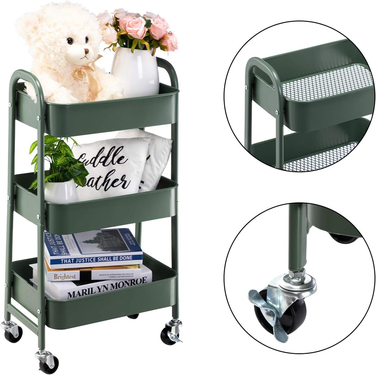 AGTEK Movable Rolling Organizer - 3 Tier Metal Storage Cart, Green