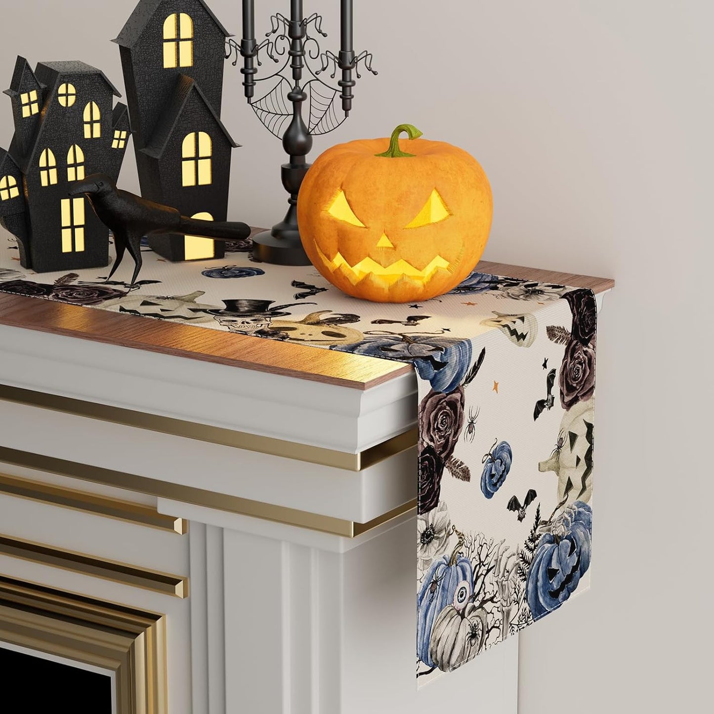 XCHI Spooky Blue Pumpkin Halloween Table Runner Party Table Decoration for Home Kitchen Dining Holiday Decor 13x90 Inch