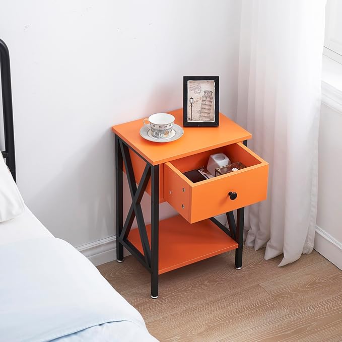VECELO End Tables, Modern Nightstand with Drawer & Shelf, Night Stand for Bedroom Living Room,Industrial Metal Frame