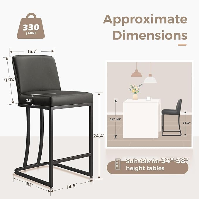 MAISON ARTS Counter Height Bar Stools with Back Set of 6 for Kitchen Counter, 24 Inch Modern Upholstered Faux Leather Barstools Farmhouse Bar Chairs Luxury Island Stools Support 330LBS, Grey