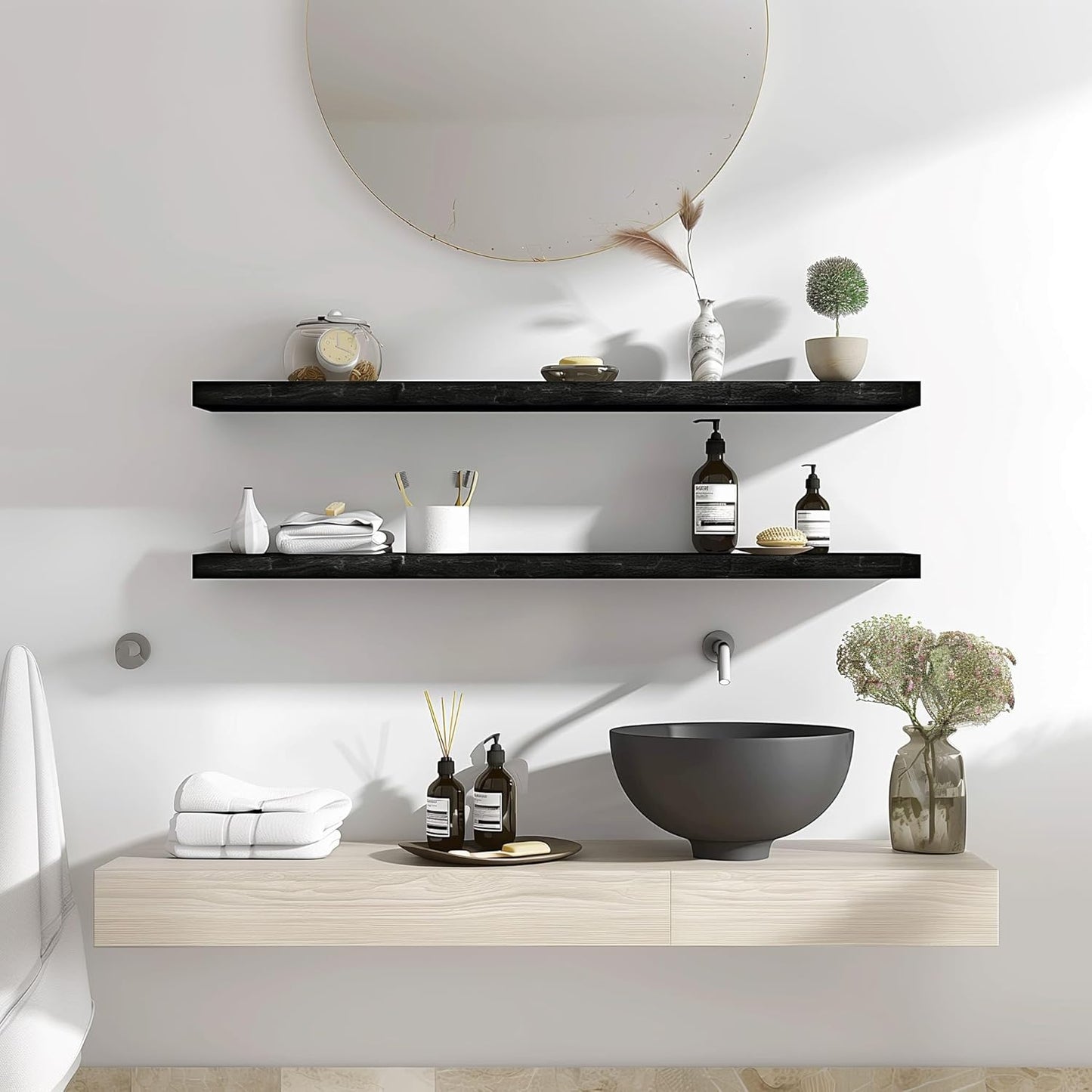 Wood Floating Shelves for Wall Decor, Rustic Wall Shelves for Bedroom Bathroom Kitchen Living Room, Set of 4 Black 36 Inch