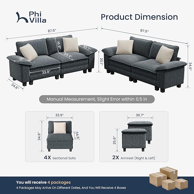 PHI VILLA Cloud Modular Couches Sets, 2 Pieces Sectional Loveseat Sofa Set, 4-Seater Comfy Couch for Living Room Apartment, Chenille Fabric, Dark Cyan