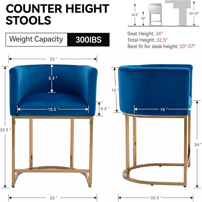 Contemporary Blue Velvet Bar Stools Set of 4, 24" Upholstered Fabric Counter Height Barstools Kitchen Counter Island Stools with Golden Metal Base
