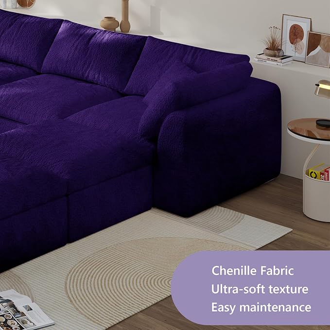 Boneless Cloud Couch Modular Sectional Sofa with Deep Seat for Living Room, L Shape Couch with Ottoman, Snowflake Cloth and 40D Memory Sponge，2 Throw Pillows (Purple, 6 Seater+2 Ottoman)