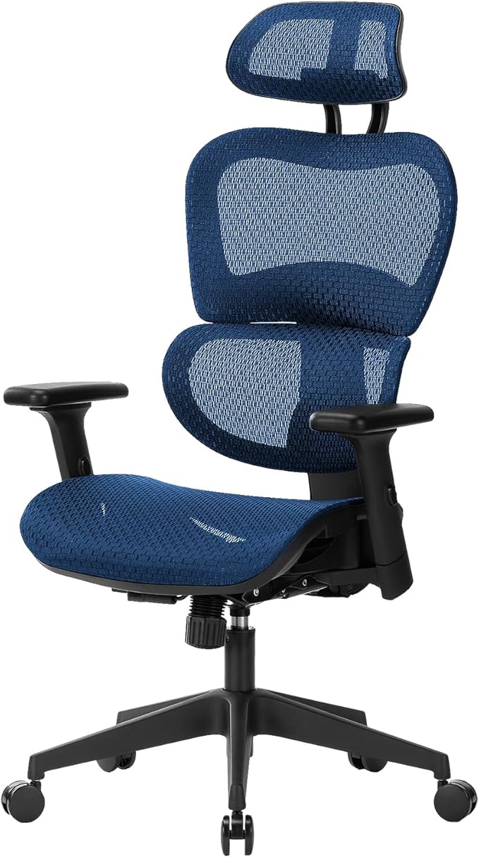 Nouhaus Ergo3dL Home Office Desk Chairs Ergonomic Office Chair High-Back Mesh Rolling Work Chairs with Wheels and Adjustable Headrests Comfortable Lumbar Support Adjustable Armrests,Navy Blue