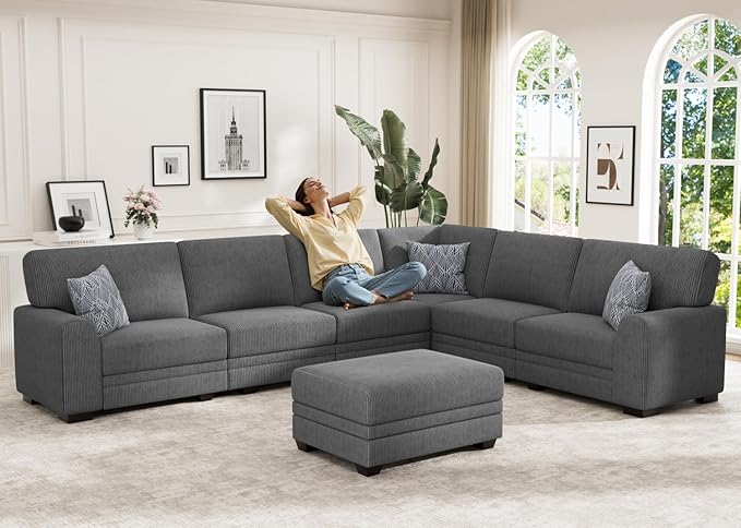 Wanderwell Oversized Modular Sectional Sofa, 7-Seater U Shaped Couches with Movable Ottoman,Corduroy Sectional Couch with Wide and Deep Seats Suitable for Living Room,Bedroom,Apartment (Grey, L-7)