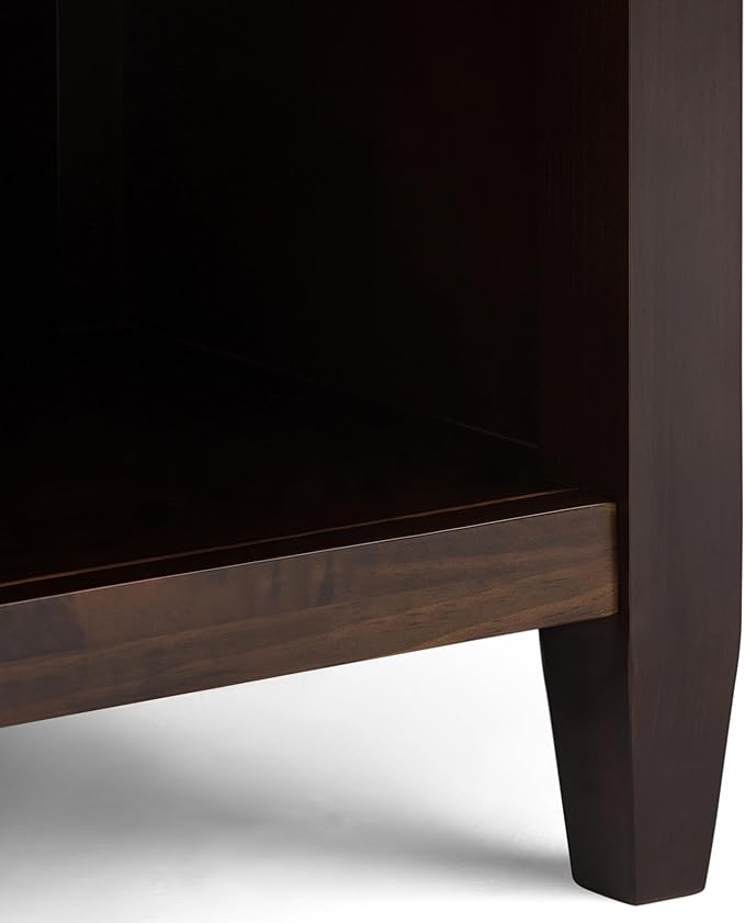 SIMPLIHOME Carlton Bedside Table - 24 inch Wide Solid Wood Nightstand Table in Dark Tobacco Brown, Transitional Bedroom Side or End Table with 2 Drawers, Open Storage Shelf and Bronze Hardware