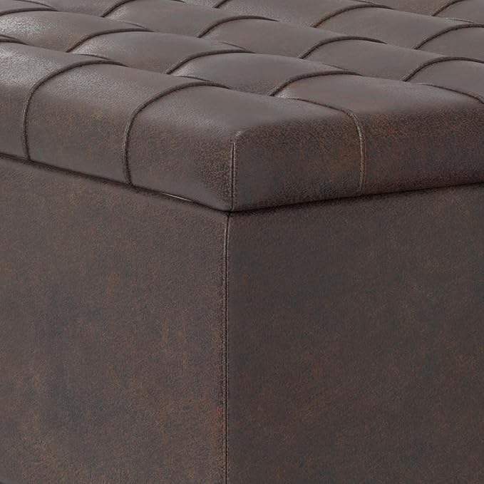 SIMPLIHOME Harrison 30 inch Wide Transitional Square Small Coffee Table Storage Ottoman in Distressed Brown Vegan Faux Leather, Assembled, for The Living Room and Bedroom