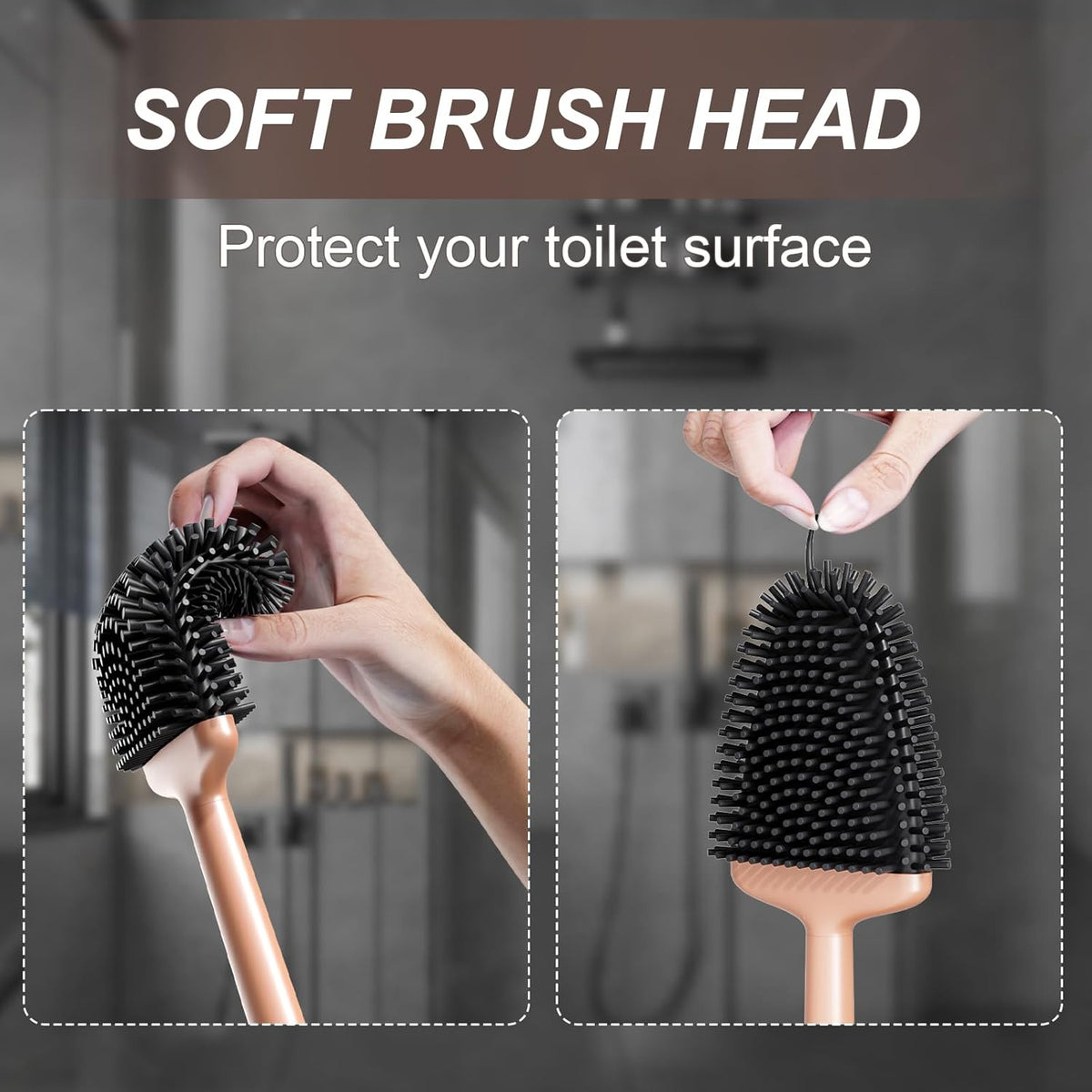 Sellemer Toilet Brush and Holder Set - Flexible Toilet Bowl Brush Head with Silicone Bristles, Compact Size for Storage and Organization, Ventilation Slots Base (1 Pack, Rose Gold)