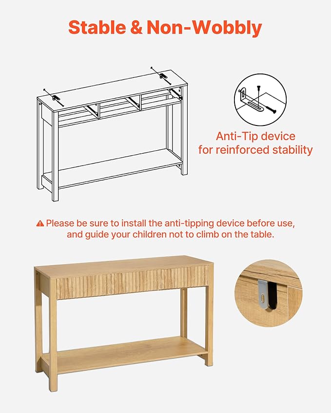 VEVOR 47 in Console Table, Farmhouse Desk Behind The Couch with Drawers and Bottom Storage Shelf, Wooden Rectangle Entrance Narrow Sofa Table for Hallway, Bedroom, Living Room, Foyer, Burlywood