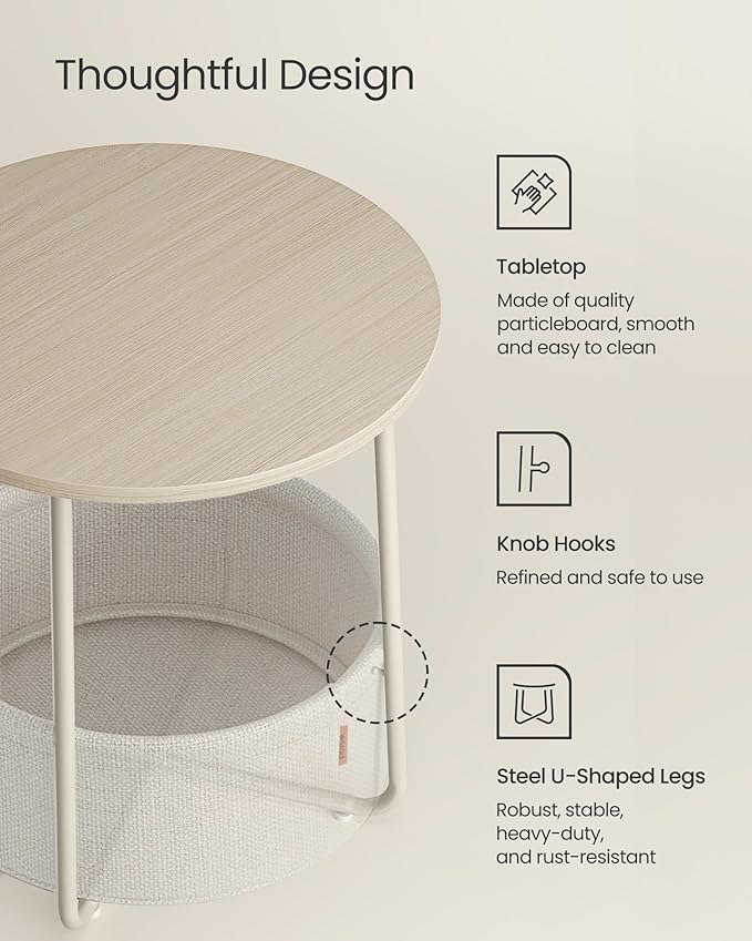 VASAGLE LILEA Collection - Small Round Side End Table, Modern Nightstand with Fabric Basket, for Living Room, Bedroom, Set of 2, Cream White ULET225LL01S