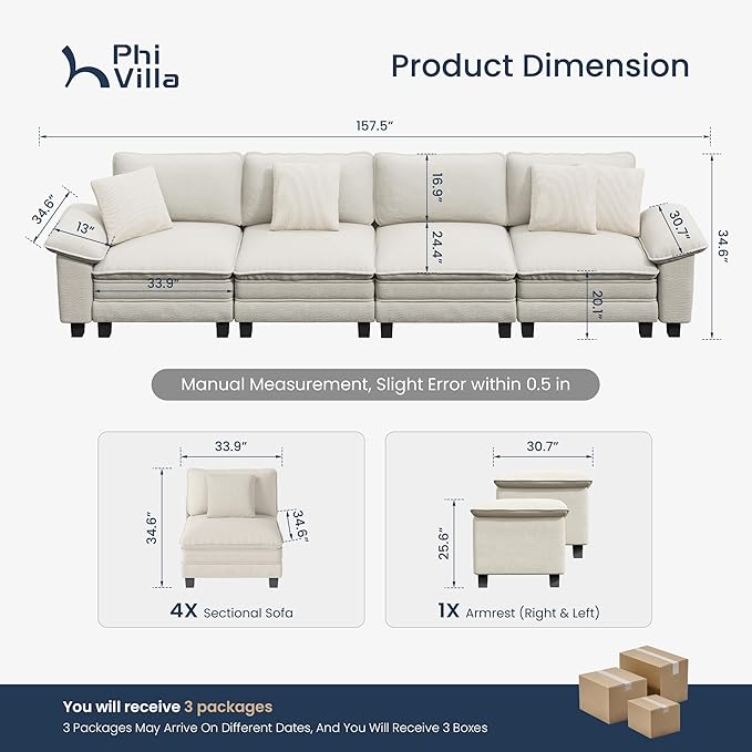 PHI VILLA Cloud Modular Couches Sets, 157.5" Sectional Sofa with Upholstered Deep Seat, 4-Seater Long Couches for Living Room Apartment, Chenille Fabric, Beige