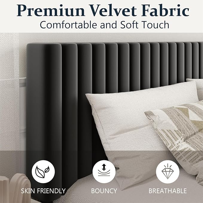 King Size Bed Frame, King Size Platform Bed Frame and Velvet Upholstered Headboard with Strong Wood Slats, Box Spring Optional, Mattress Foundation, Easy Assembly Black