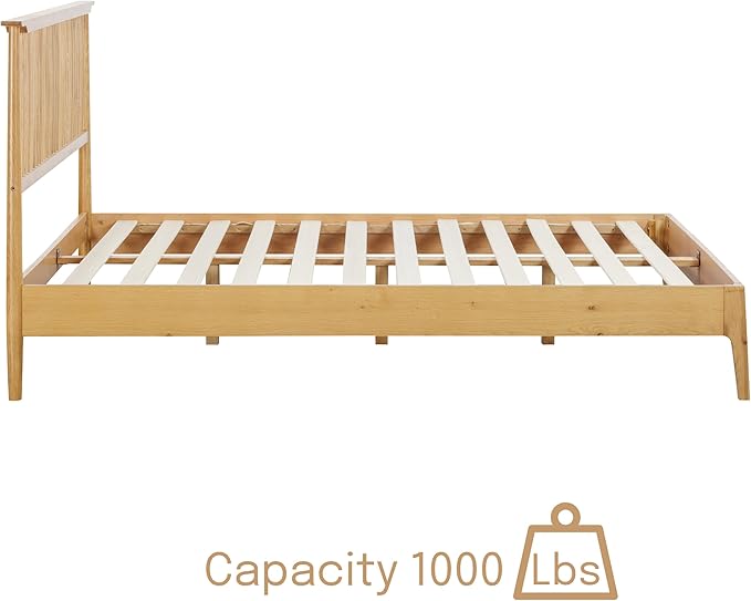 NTC Ruby Wooden Bed Frame with Headboard, Solid Oak and Rubber Wood Foundation with Silent Slats and Wood Central Supports, 1000 Lb Capacity, Effortless Assembly, Queen - Rustic Oak