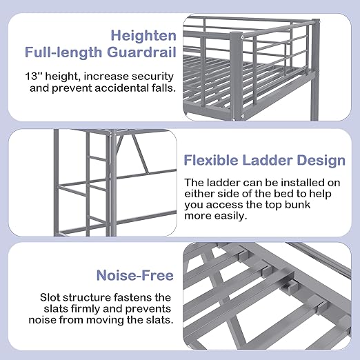 VECELO Metal Loft Bed Twin Size, Heavy Duty Bedframe with Removable Ladder and Safety Guardrail, Space-Saving, Noise Free, No Box Spring Needed, Grey