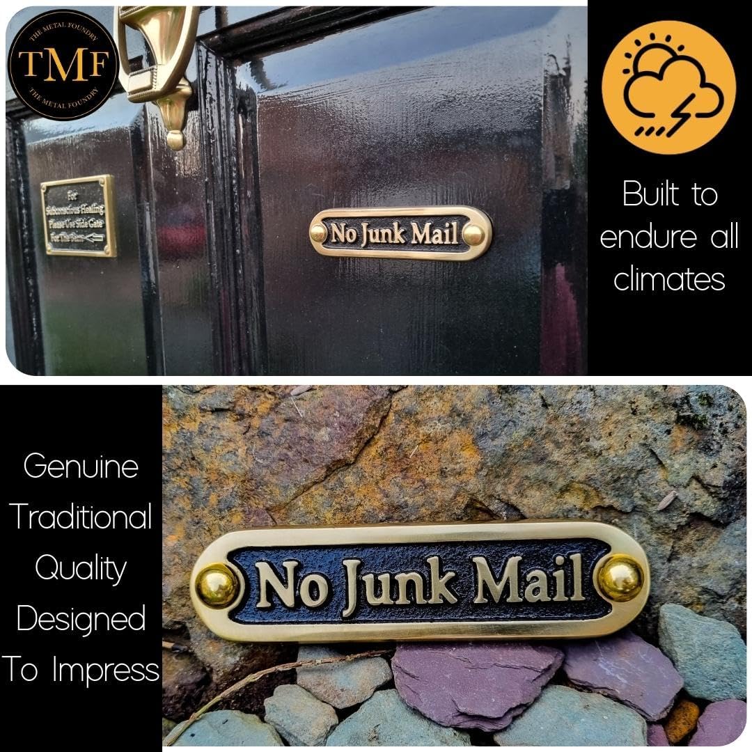 No Junk Mail Metal Brass Door Sign. Traditional Style Home Décor Wall Plaque Handmade By The Metal Foundry UK.