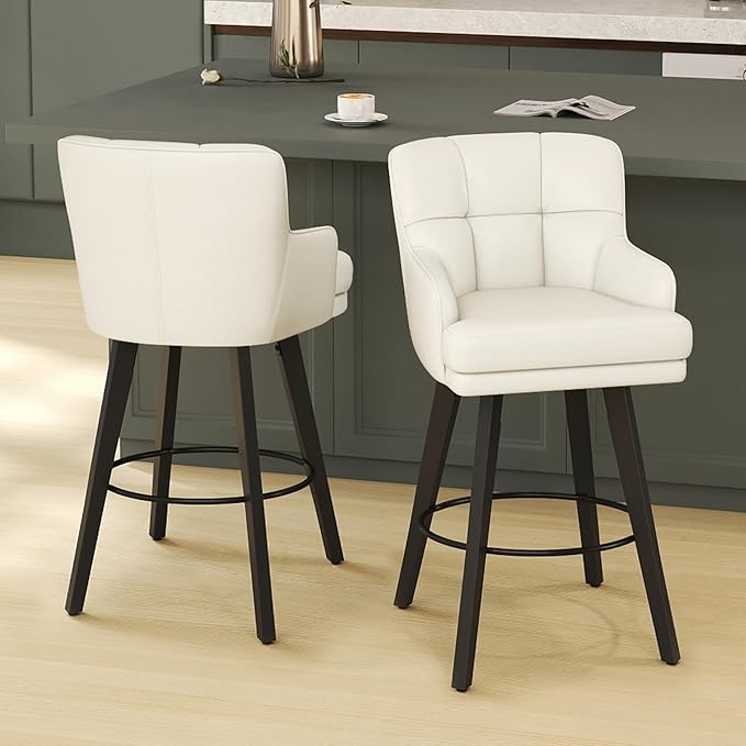 360°Swivel Counter Height Bar Stools with Back, 30 inch Solid Wood Legs, Bar Stool Modern Kitchen Island Chairs, Faux Leather (Beige- Faux Leather, 30" H- Set of 3)