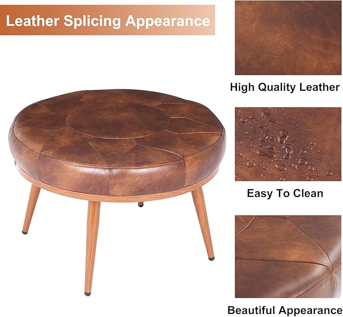 Round Ottoman Coffee Table, 24in Faux Leather Cushioned Footstool Ottoman,Stationary Ottomans, Backless Chair, Footrest for Living Room, Bedroom, Padded Seat, Brown