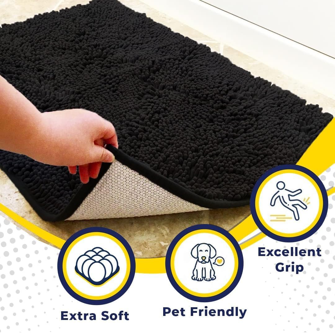 Muddy Mat® 4-Piece Black Medium 30"X19" AS-SEEN-ON-TV Highly Absorbent Microfiber Door Mat, Bath Mat and Pet Rug, Non Slip Thick Washable, Soft Chenille for Kitchen Bathroom Bedroom Indoor and Outdoor