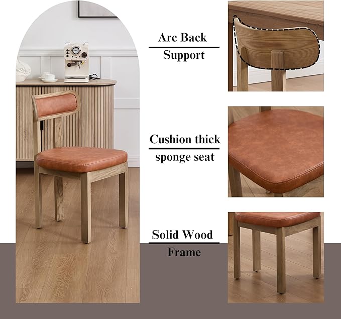 Brown Dining Chairs Set of 6, Mid Century Modern Leather Dining Room Chairs with Curved Back, Armless Kitchen Chairs for Living Room/Restaurant/Balcony/Bedroom/Home Desk/Task