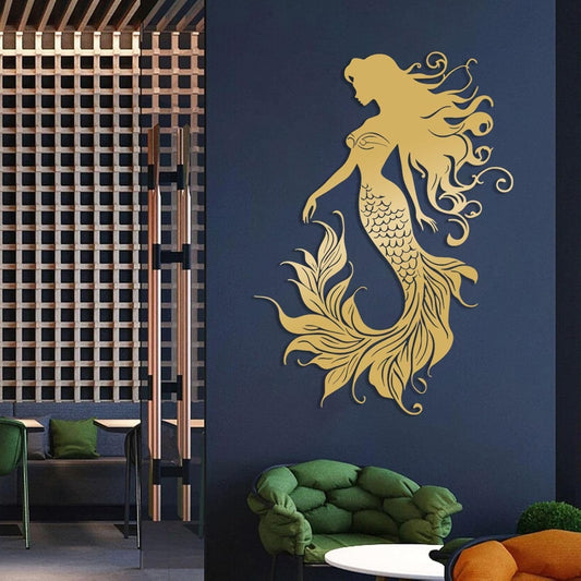 Veplsur Mermaid Metal Wall Art, Metal Mermaid Wall Decor, Marine Biology Wall Decor, Ocean Wall Art, Nautical Wall Hanging, Beach Hanging for Bathroom Bedroom (Gold, 24"x17"|60x43cm)