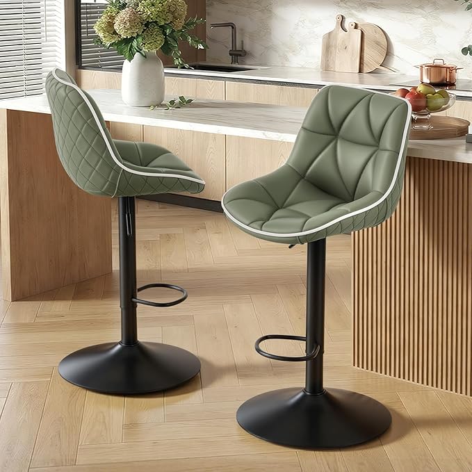 Nalupatio Bar Stools Set of 2, Adjustable Swivel Counter Height Bar Stools with Back, Armless Modern Barstools for Kitchen Island & Home Bar, Upholstered Seat,（Green）