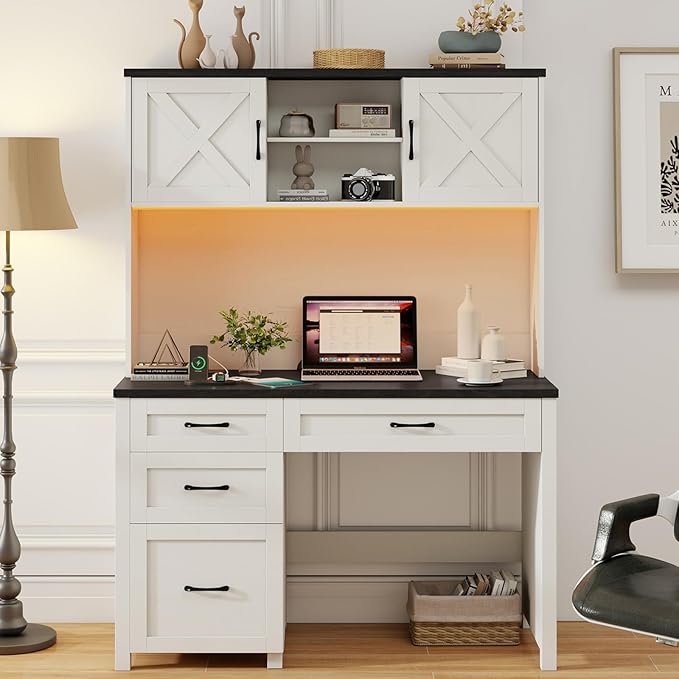 Farmhouse 67" H Executive Desk with Hutch,Computer Desk with 4 Drawers and LED light, Office table with Storage Cabinet & File Drawers and Charging Station, Wood Workstation for Home Office and Study