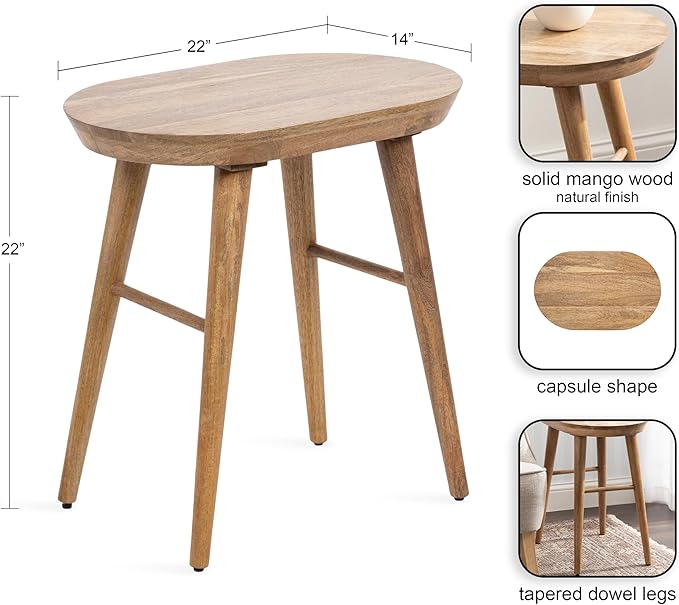 Kate and Laurel Conan Modern Oval Mango Wood Side Table, 22 x 14 x 22, Natural Wood, Mid-Century Capsule End Table with Tapered Dowel Legs for Use as Bedroom Nightstand or Indoor Plant Stand