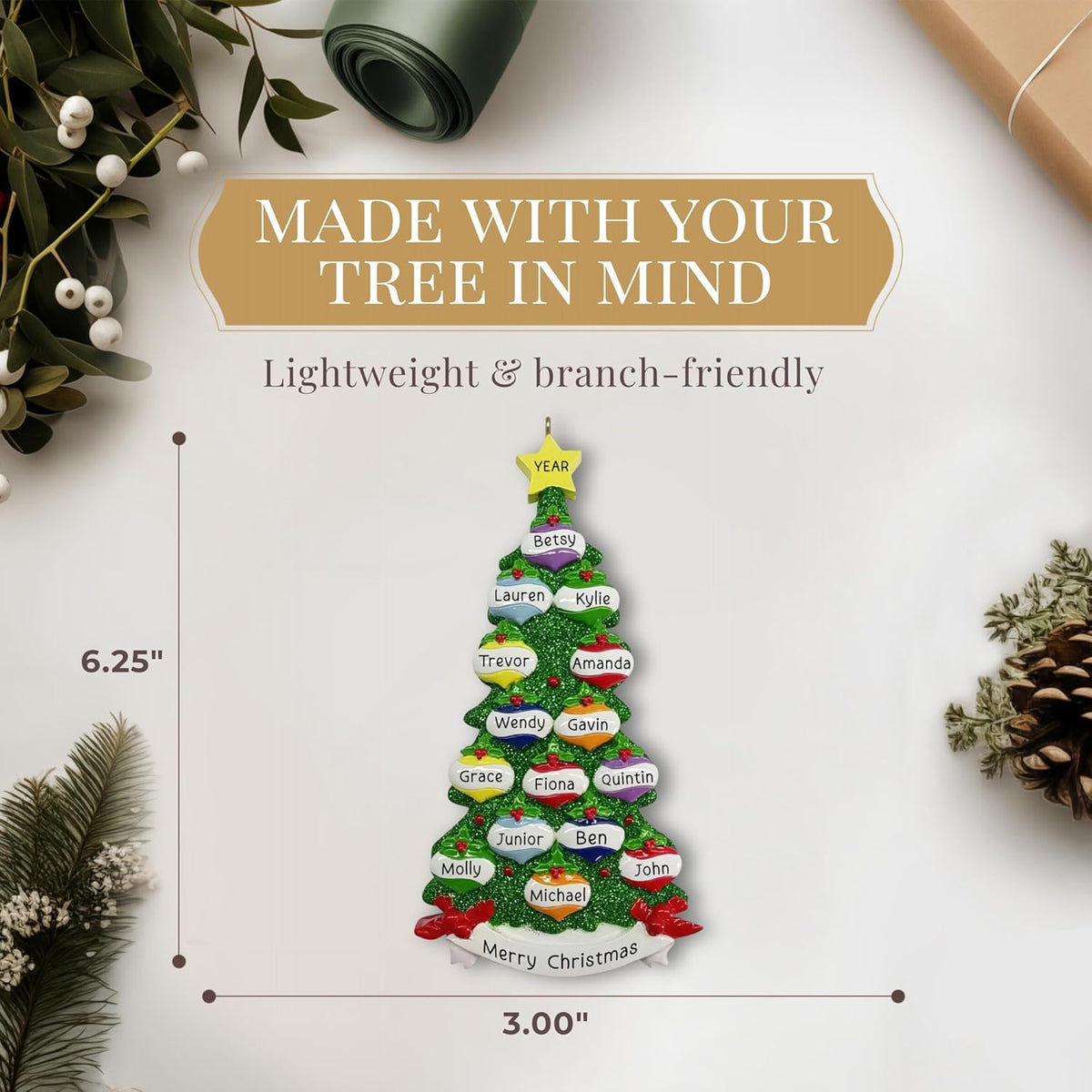 Personalized Large Family of 15 Ornament 2025 | Free 24h Customization | Christmas Ornaments for Tree | Custom Gift Wrapped Green Glitter Keepsake for Fifteen Persons