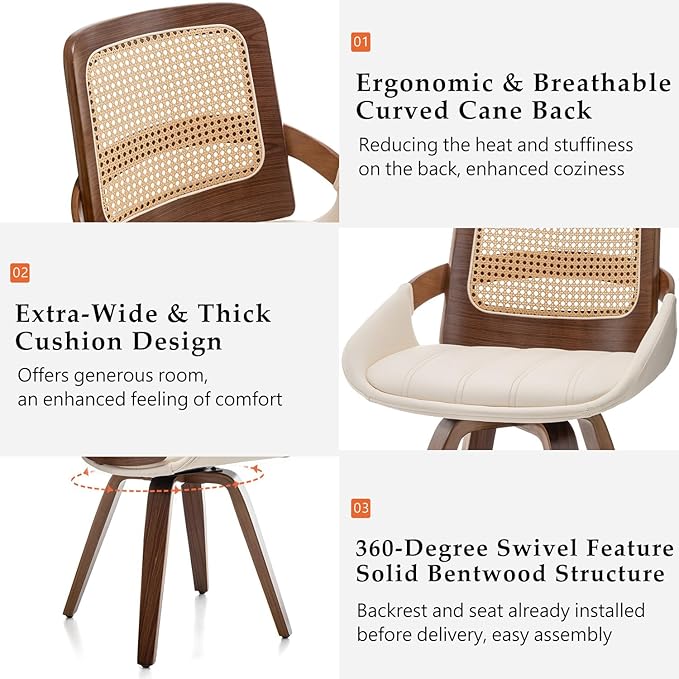 Set of 1 Swivel Rattan Dining Chair - Mid Century Modern Dining Chair with Bentwood Frame, Ergonomic Cane Back, Curved Arms, Faux Leather Swivel Chair for Kitchen/Restaurant (Walnut Beige, Set of 1)