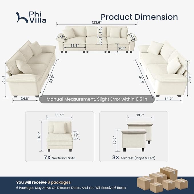 PHI VILLA Cloud Modular Couches Sets, 3 Pieces Large Sectional Sofa Set with Loveseats, 7-Seater Upholstered Couch for Living Room, Chenille Corduroy Dual Fabric, Beige