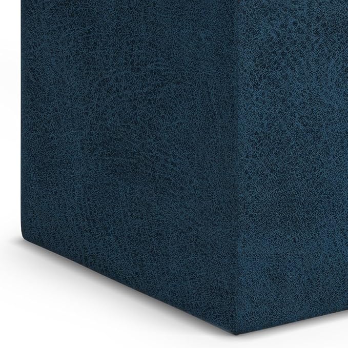 SIMPLIHOME Rockwood 18 inch Wide Contemporary Square Cube Storage Ottoman with Tray in Distressed Dark Blue Vegan Faux Leather, Assembled, For the Living Room, Entryway and Family Room
