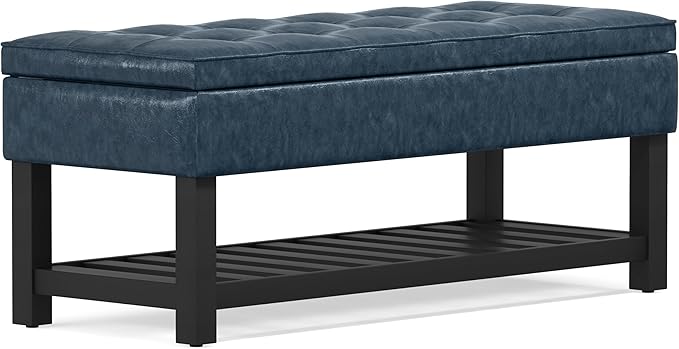 SIMPLIHOME Cosmopolitan Storage Ottoman Bench - 44 inch Wide Upholstered Vegan Leather Rectangle Storage Ottoman in Denim Blue, Transitional Bench for Bedroom with Tufted Lift-Top and Open Shelf