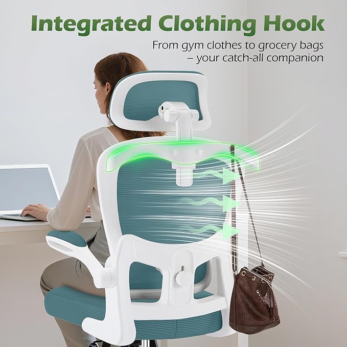 Office Chair Ergonomic Desk Chairs with Adjustable Lumbar Support& Headrest Hanger, High Back Breathable Mesh Chair with Wheels, Rolling Swivel Comfy Task Computer Chair for Home Work Gaming