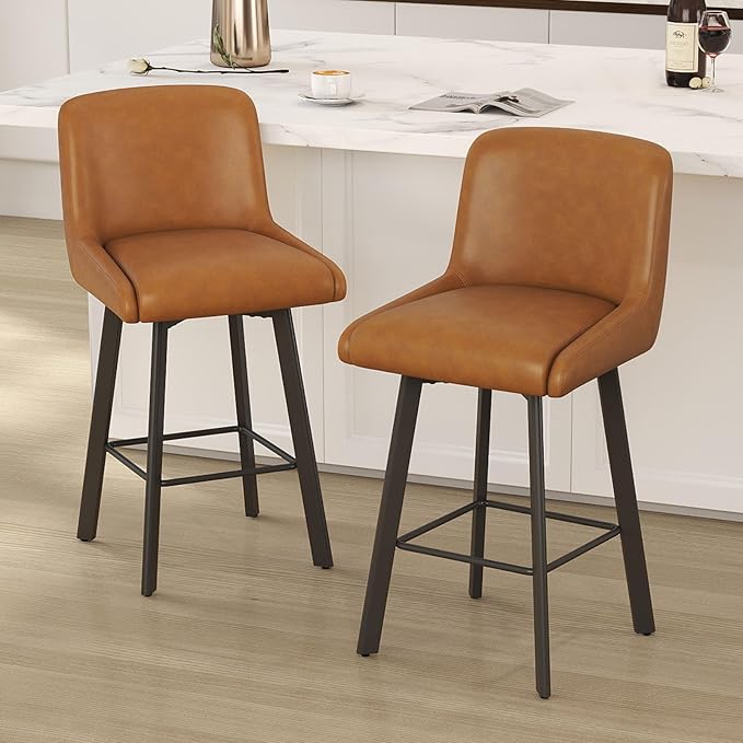 Swivel Counter Height Bar Stools Set of 4, 26''H Upholstered Barstools with Backs, Modern Bar Stool Chairs for Kitchen Island, Metal Legs, Faux Leather, Whiskey Brown Stools Counter Chair