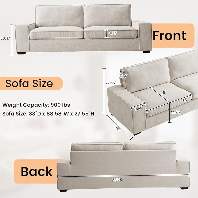 RISAR 88.58" Modern Sofa for Living Room, Chenille Couch with Removable Cover & Spring Cushions, Solid Wood Frame, Easy Assembly for Small Spaces (Beige)