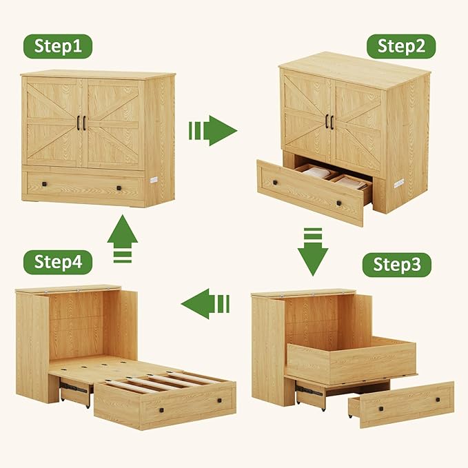 Murphy Bed with Built-in Charging Station, Space-Saving Murphy Bed Chest Twin with Drawer, Foldable, for Home Office Guest Room Bedroom,Natural