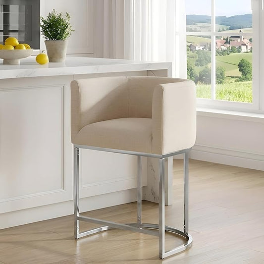 Contemporary Cream Linen Bar Stool, 24" Upholstered Fabric Counter Height Barstool Kitchen Counter Island Stool with Screwed Together Chrome Finish Base