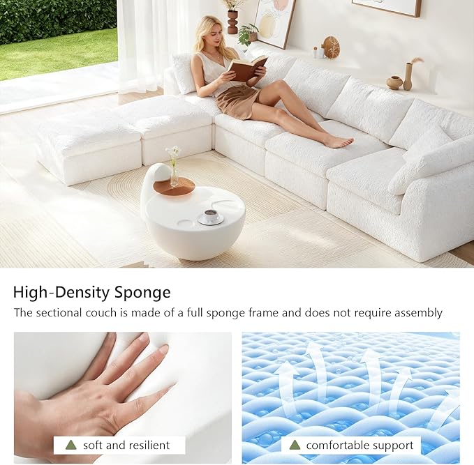 138" Boneless Cloud Couch Modular Sectional Sofa with Deep Seat for Living Room, L Shape Couch with Ottoman, Snowflake Cloth and 40D Memory Sponge，2 Throw Pillows (White, 4 Seater+2 Ottoman)