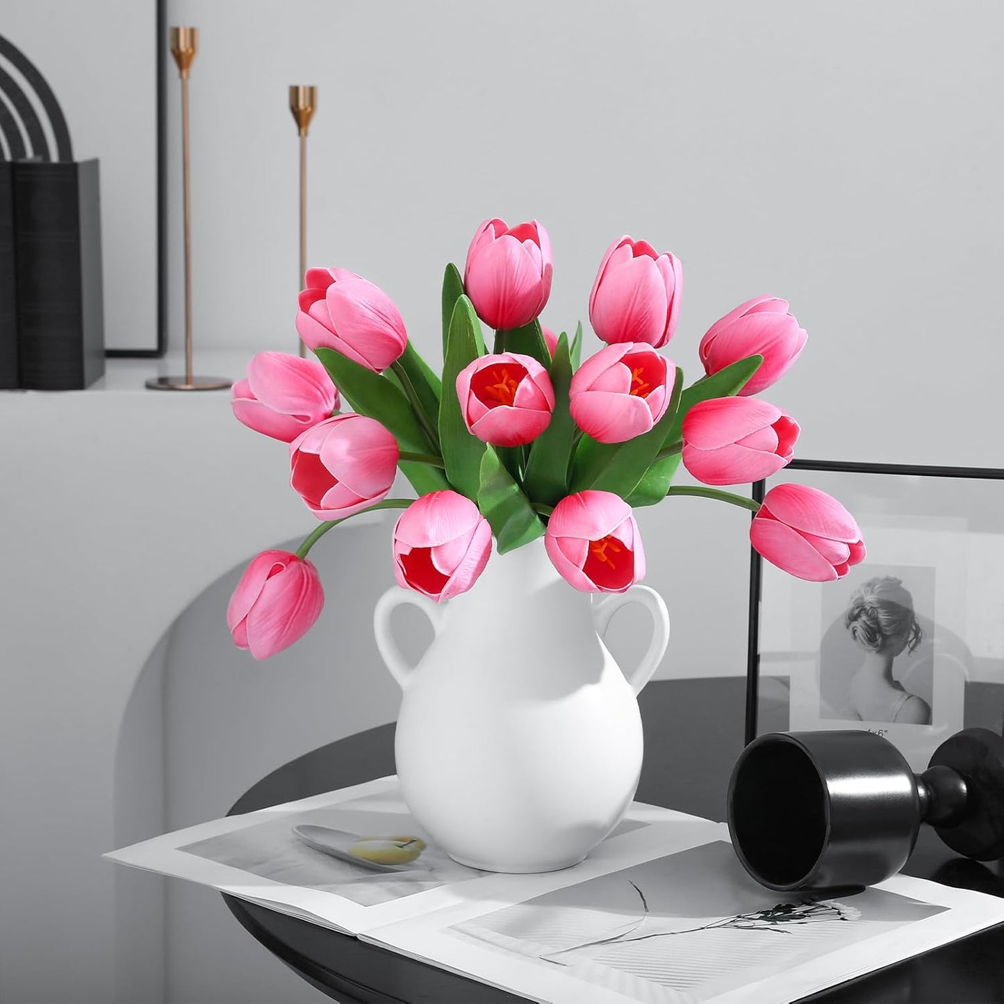 Pink Artificial Tulips, 2 Bundles 14Pcs, Fake Tulips Artificial Flowers, 2 x 2.4 Inch Large Flower Head Big Tulip, Easter Valentine's Day Mother's Day Home Decoration Flowers