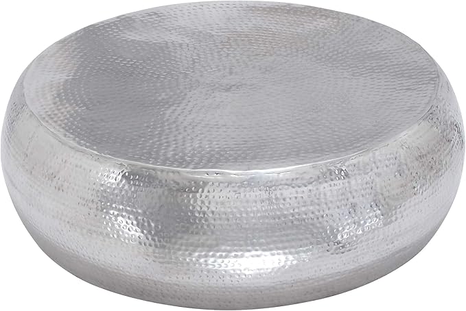 Deco 79 Aluminum Metal Living Room Coffee Table Drum Shaped Table with Hammered Design, Center Table 42" x 42" x 14", Silver