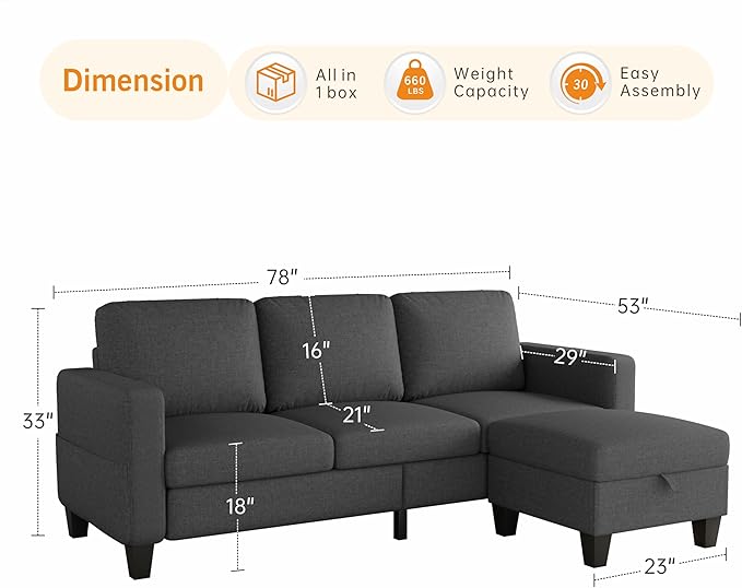 Sectional Sofa and Couches for Living Room, 78'' Dark Grey 3 Seat L-Shaped Couch with Movable Ottoman, Comfy Fabric Convertible Sectionals Sofas with Chaise for Apartment, Office, Small Space