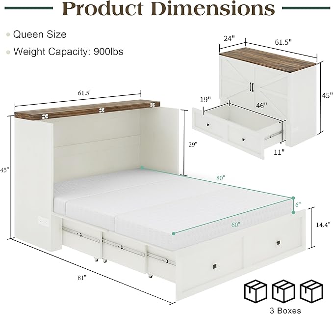 Queen Murphy Bed with 6" Tri-Fold Memory Foam Mattress, Storage Drawer & Charging Station, Space-Saving Design for Home Office or Guest Room, White