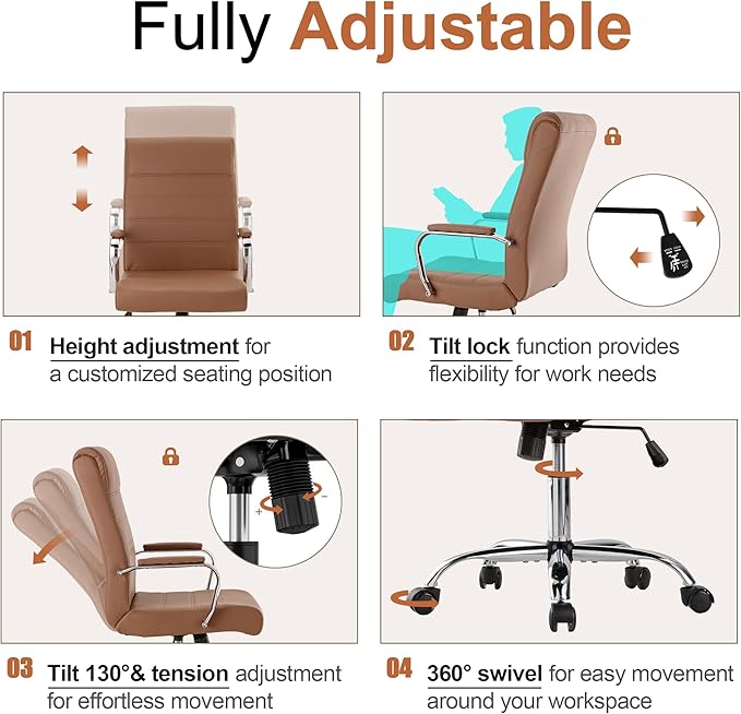 Office Desk Chair,Modern Leather Conference Room Chairs,High Back Ergonomic Home ofiice Chair,Adjustable Height Swivel Executive Computer Chairs with Padded Seat and Armrest (Brown)