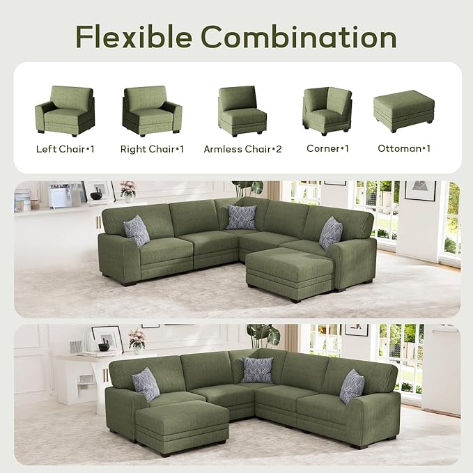 Wanderwell Oversized Modular Sectional Sofa, 6-Seater U Shaped Couches with Movable Ottoman,Corduroy Sectional Couch with Wide and Deep Seats Suitable for Living Room,Bedroom,Apartment (Olive, L-6)